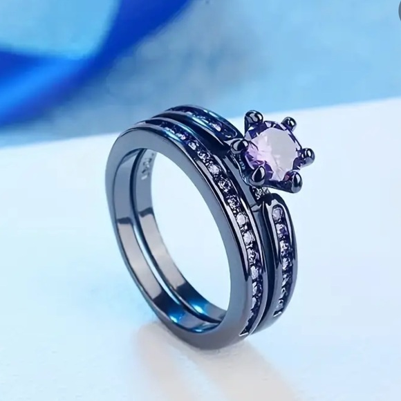 🌟Chic Promise Ring Set! Black/Purple! Bridal, engagement, anniversary - Picture 3 of 4